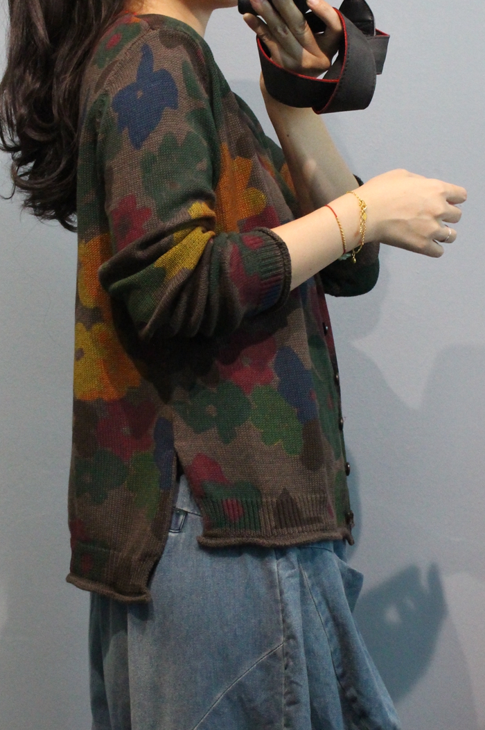 Cardigan — Coffee Floral Button Knit — alternate view