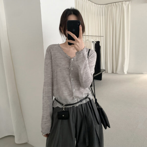 Cardigan — Ruffle-Edge Fine Button Knit — front view