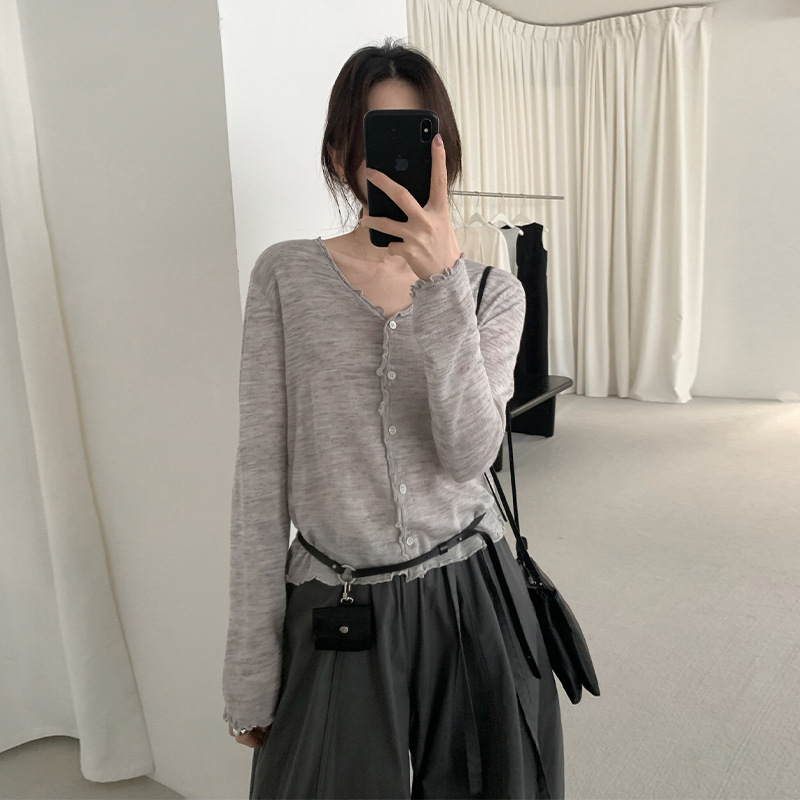 Cardigan — Ruffle-Edge Fine Button Knit — front view
