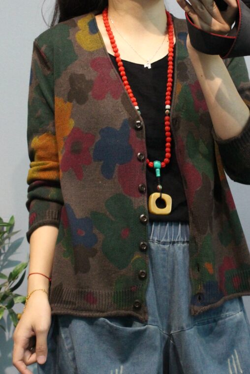 Cardigan — Coffee Floral Button Knit — front view