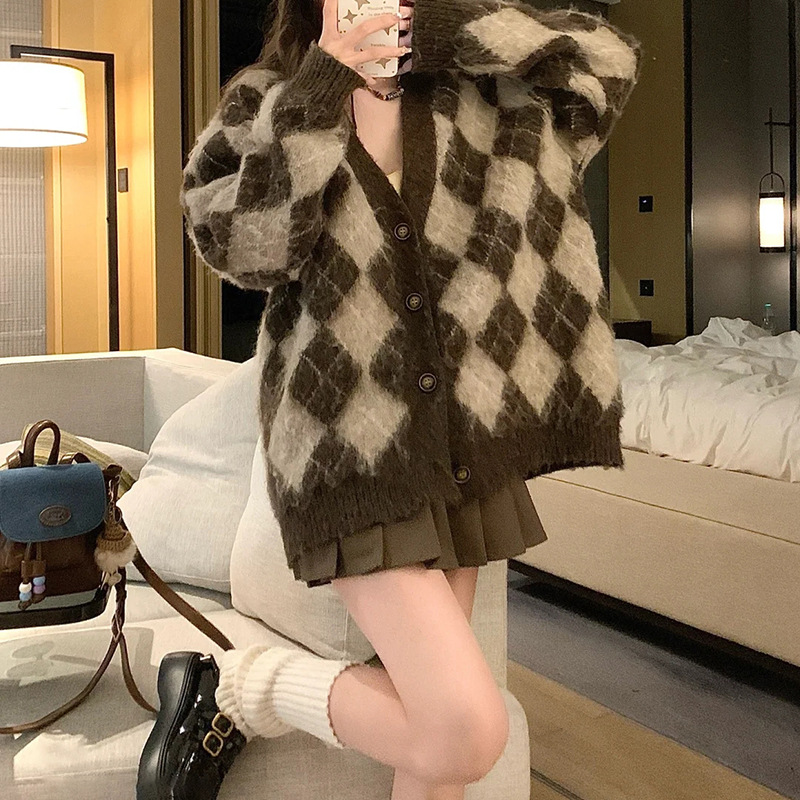 Cardigan — Latte Check Relaxed V-Neck — front view