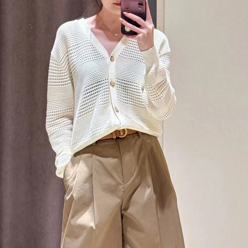 Cardigan — White Openwork Button Knit — front view