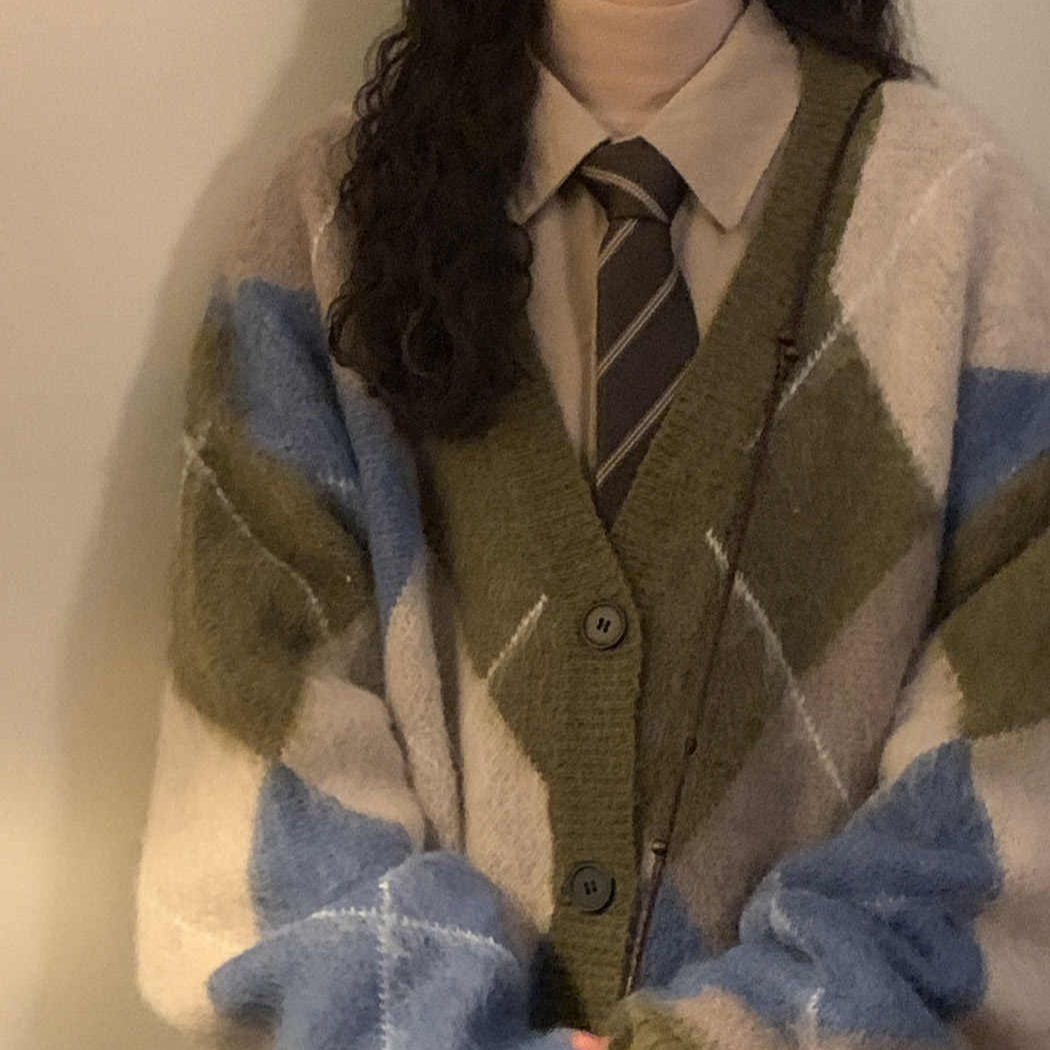 Cardigan — Argyle V-Neck Button Front — front view
