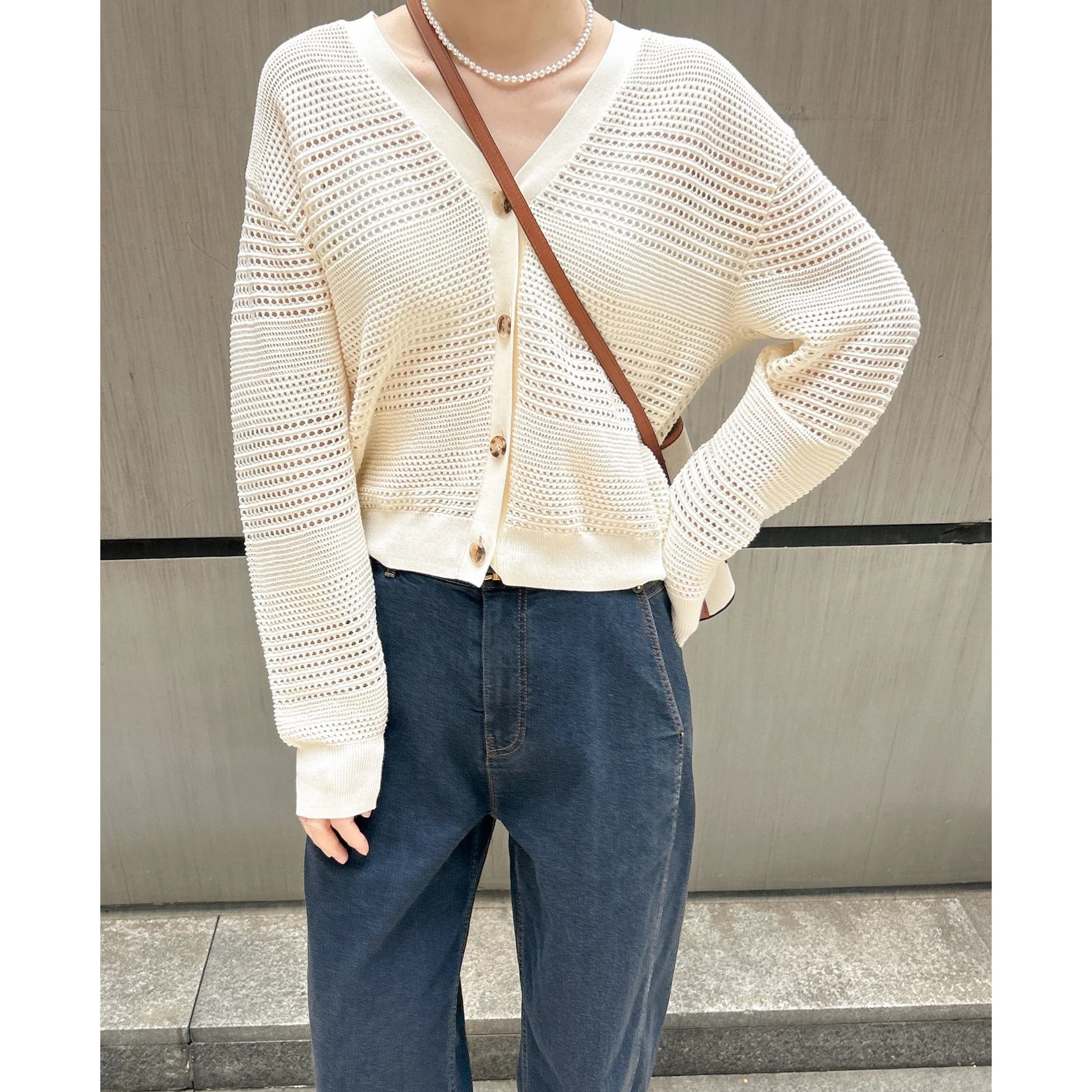Cardigan — White Openwork Button Knit — alternate view