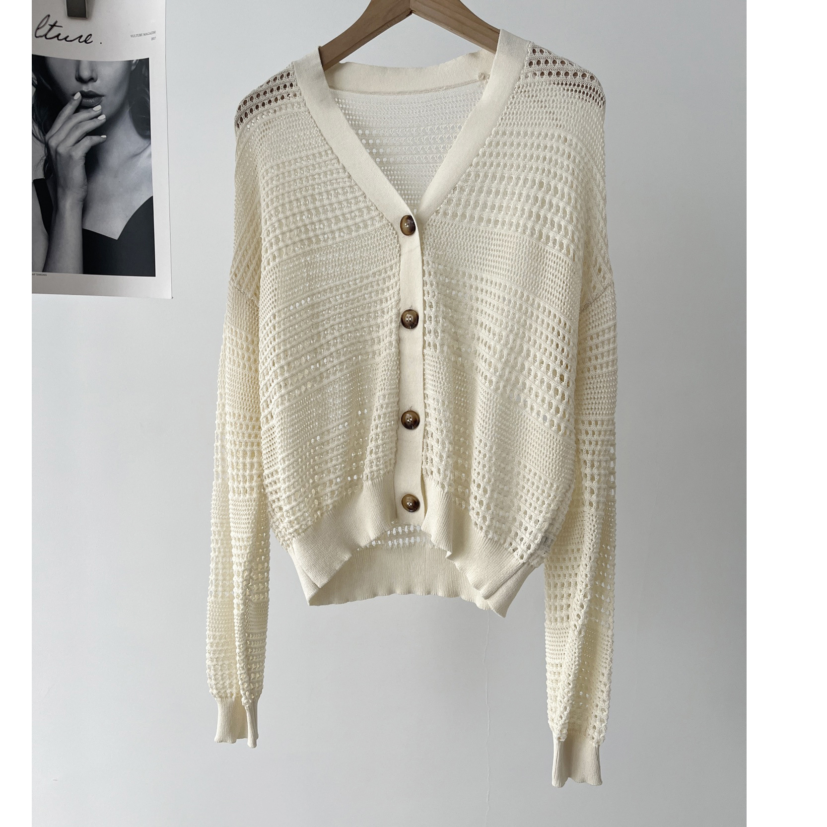 Cardigan — White Openwork Button Knit — alternate view