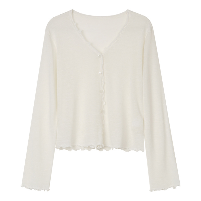 Cardigan — Ruffle-Edge Fine Button Knit — alternate view